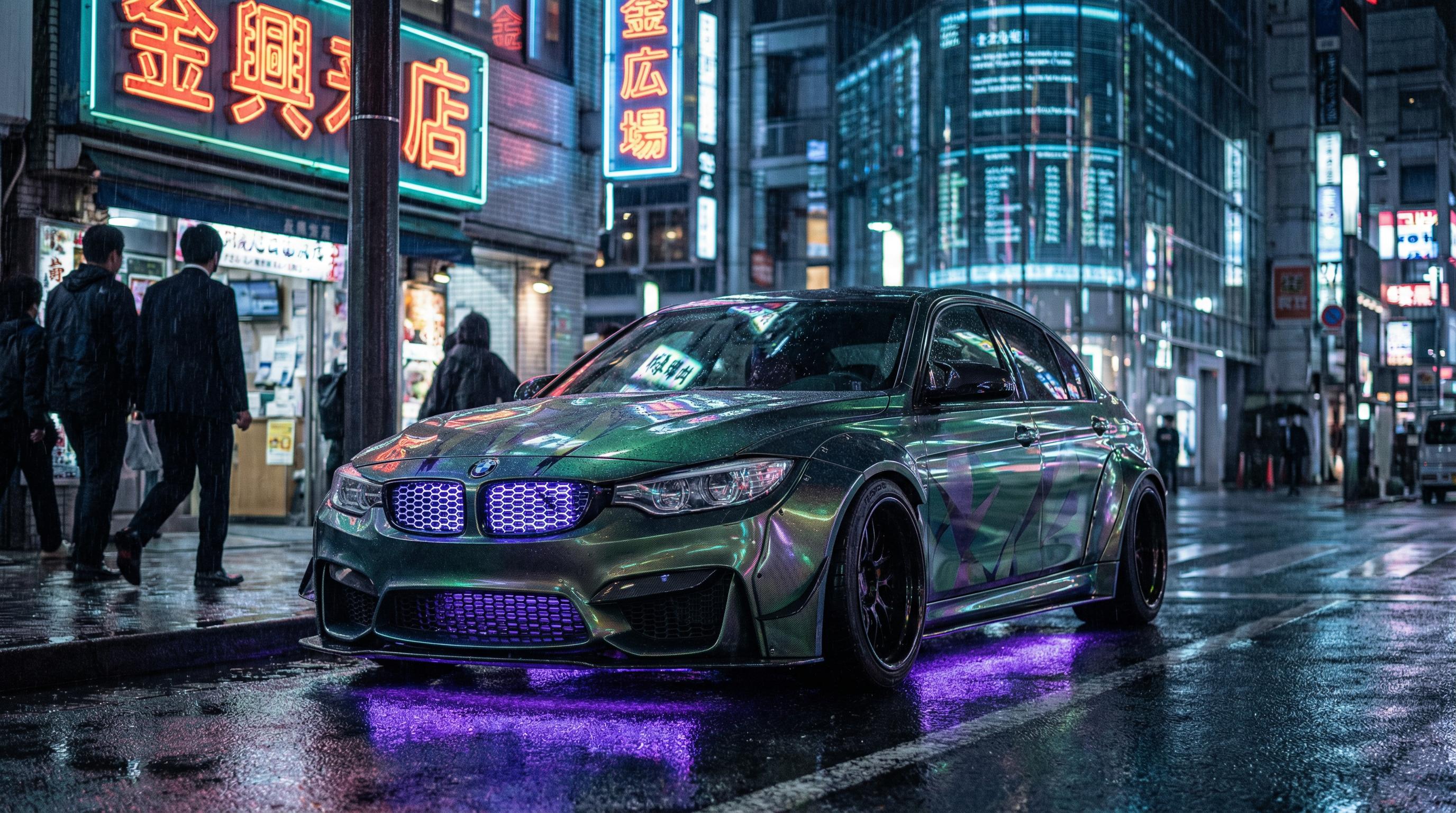 黑料绿色改装轿车夜景灯光视频